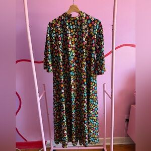 Vintage Black Floral Maxi Dress with Multicolor Daisy Print